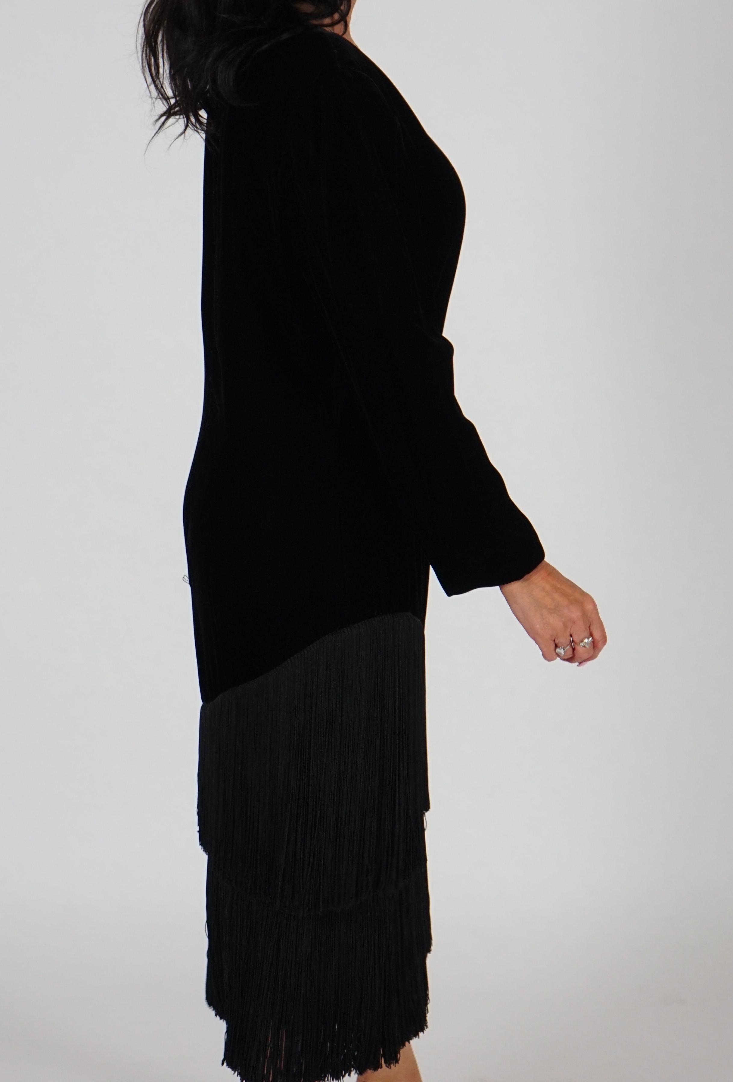 A vintage Lanvin black velvet dress with fringe, approx Medium size 12